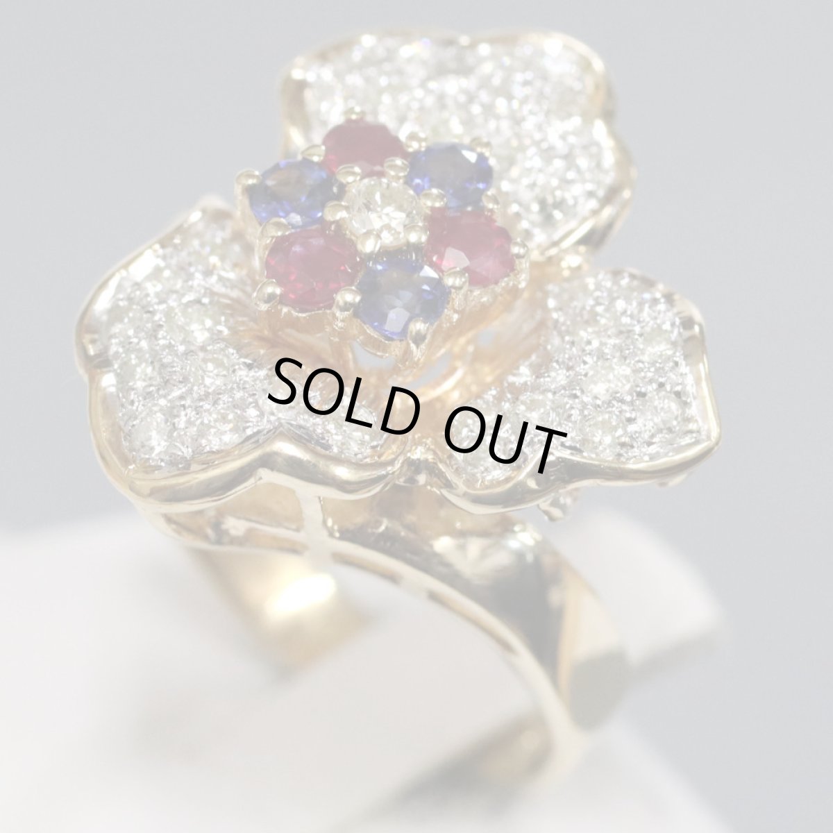 画像2: K18ルビーサファイアダイヤモンドリング フラワーモチーフ D0.65 R0.30 S0.37 9.9g #11 (2)