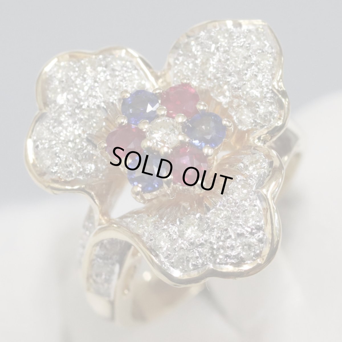 画像3: K18ルビーサファイアダイヤモンドリング フラワーモチーフ D0.65 R0.30 S0.37 9.9g #11 (3)