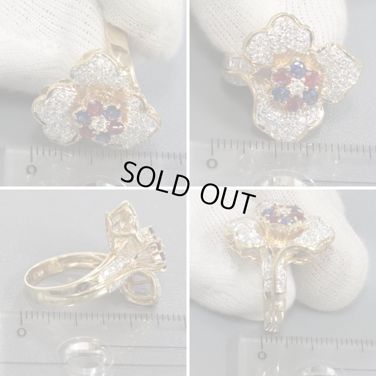 画像8: K18ルビーサファイアダイヤモンドリング フラワーモチーフ D0.65 R0.30 S0.37 9.9g #11 (8)