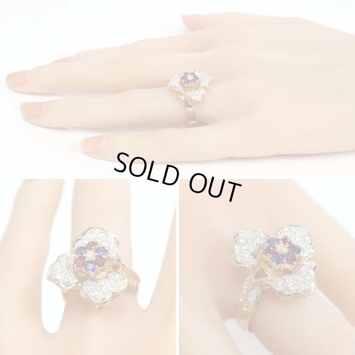 画像9: K18ルビーサファイアダイヤモンドリング フラワーモチーフ D0.65 R0.30 S0.37 9.9g #11 (9)