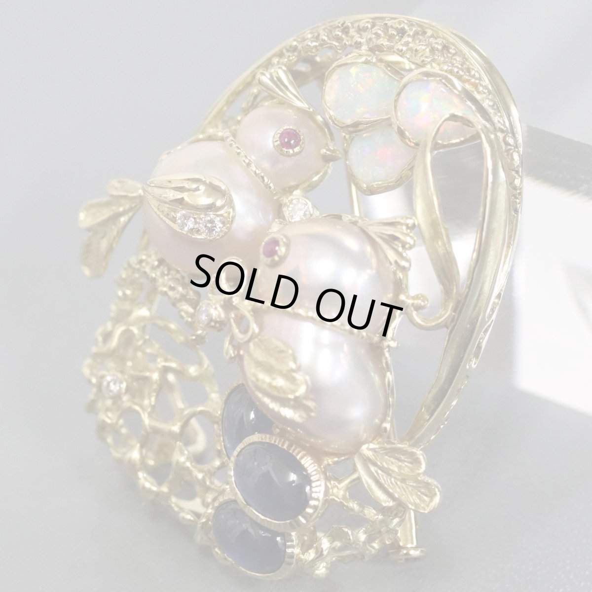 画像2: K18サファイアルビーダイヤモンドオパールペンダントトップ/ブローチ 鳥かごモチーフ S3.47 R0.06 D0.11 OP0.75 19.2g (2)