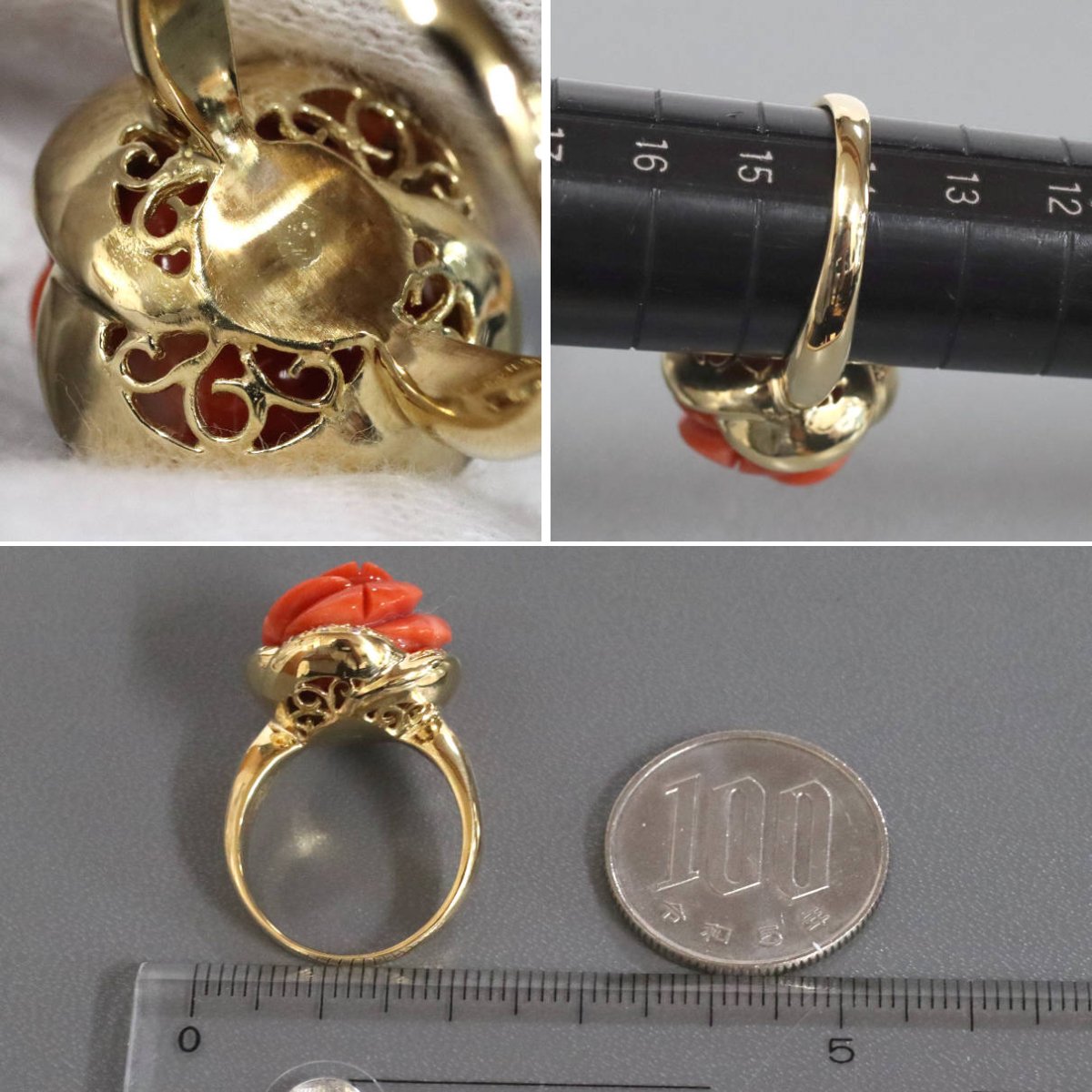 画像8: K18赤サンゴダイヤモンドリング フラワーモチーフ D0.16 10.3g #14 (8)