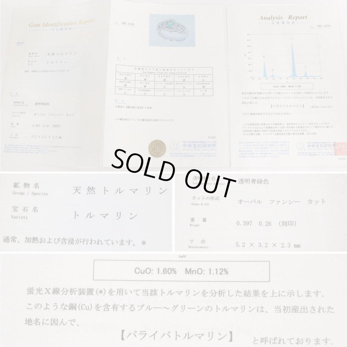 画像10: Pt900パライバトルマリンダイヤモンドリング T0.397 D0.26 6.6g #9.5 鑑別書 (10)