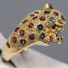 画像4: K18ルビーサファイアダイヤモンドリング パンサーモチーフ R0.41 S0.37 D0.01 6.7g #11 (4)
