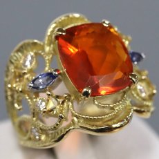 画像1: K18ファイアオパールサファイアダイヤモンドリング FO2.74 S0.69 D0.14 8.8g #14 鑑別カード (1)