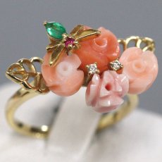 画像1: K18 サンゴ ダイヤモンド ルビー エメラルドリング 3.6g #10 鑑別カード (1)