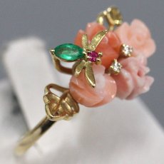 画像2: K18 サンゴ ダイヤモンド ルビー エメラルドリング 3.6g #10 鑑別カード (2)