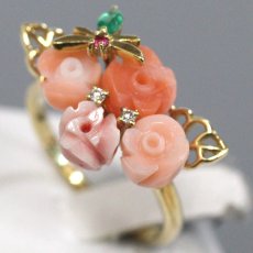 画像3: K18 サンゴ ダイヤモンド ルビー エメラルドリング 3.6g #10 鑑別カード (3)