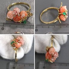 画像8: K18 サンゴ ダイヤモンド ルビー エメラルドリング 3.6g #10 鑑別カード (8)
