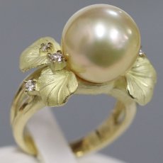 画像1: K18 ゴールデンパール ダイヤモンド リング 12mm D0.14 葉っぱ 10.1g #12 (1)