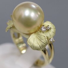 画像2: K18 ゴールデンパール ダイヤモンド リング 12mm D0.14 葉っぱ 10.1g #12 (2)