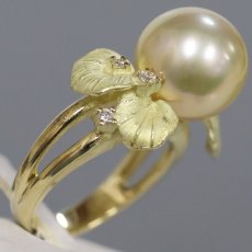 画像3: K18 ゴールデンパール ダイヤモンド リング 12mm D0.14 葉っぱ 10.1g #12 (3)