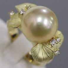 画像4: K18 ゴールデンパール ダイヤモンド リング 12mm D0.14 葉っぱ 10.1g #12 (4)