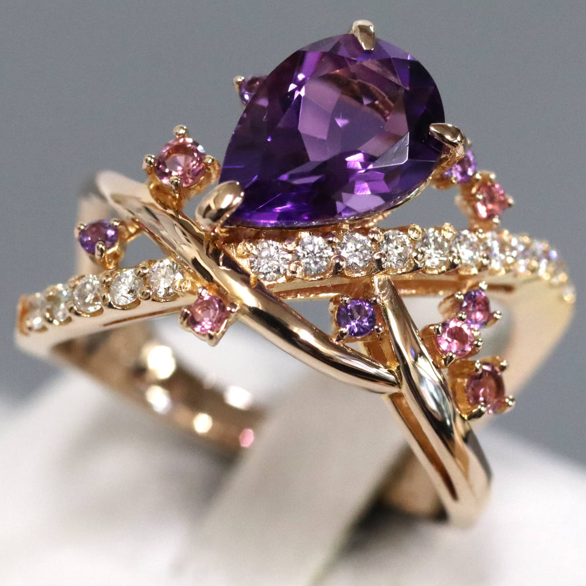 K18PGアメジストダイヤモンドピンクサファイアリング AM1.69 D0.22 0.07 0.11 6.5g #13.5